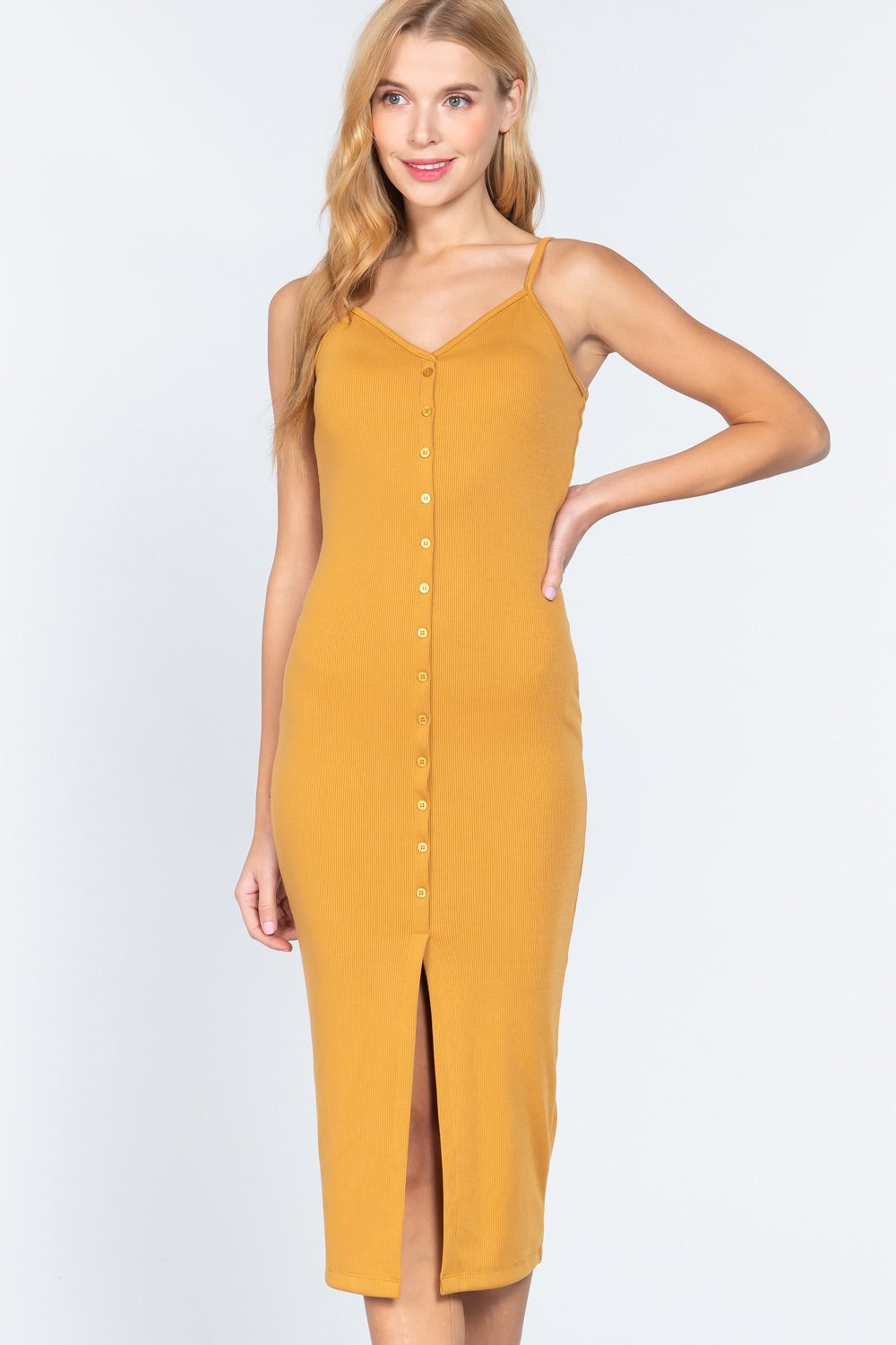 Fron Button Slit Rib Midi Dress