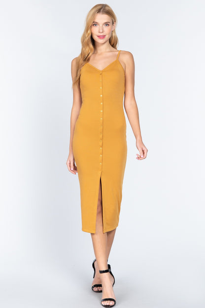 Fron Button Slit Rib Midi Dress