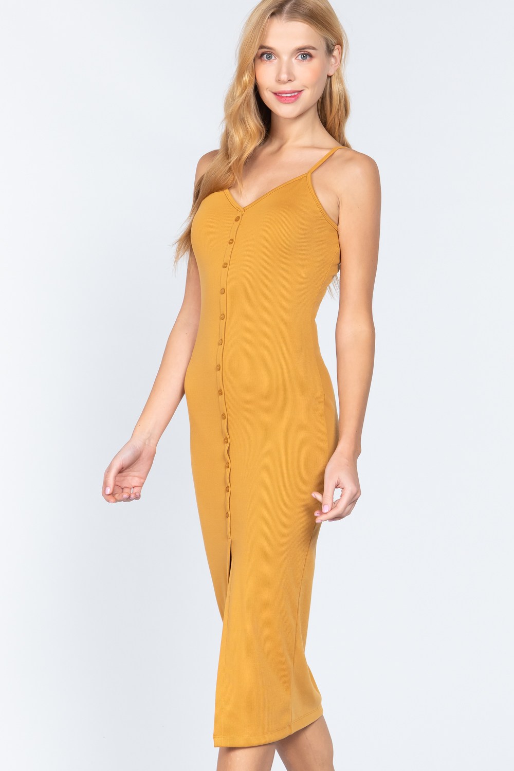 Fron Button Slit Rib Midi Dress