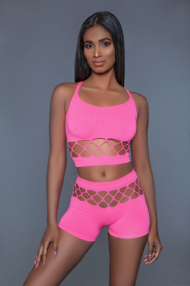 Silk Fishnet Criss Cross Crop Top & High Waist Booty-Short Set