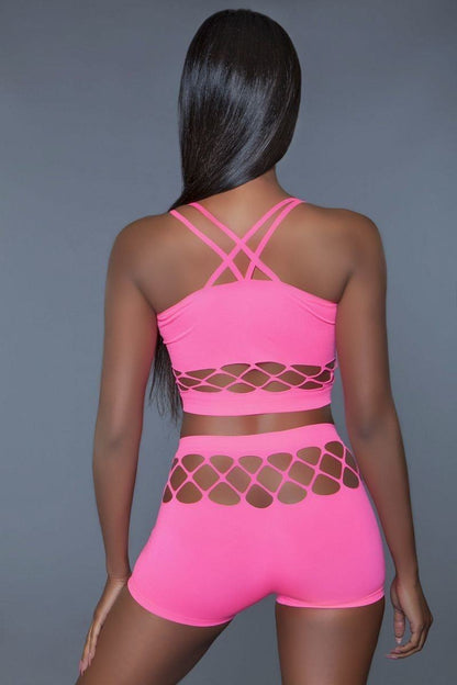 Silk Fishnet Criss Cross Crop Top & High Waist Booty-Short Set