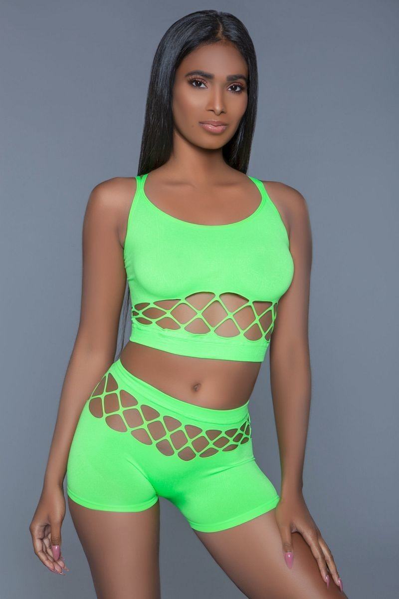 Silk Fishnet Criss Cross Crop Top & High Waist Booty-Short Set