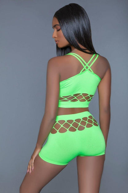 Silk Fishnet Criss Cross Crop Top & High Waist Booty-Short Set