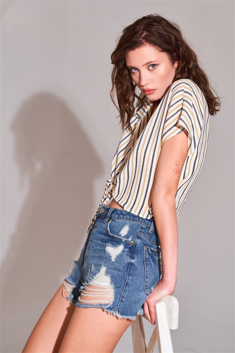 Ripped High-waist Front Zip-up Raw Hem Detail Distressed Mini Shorts