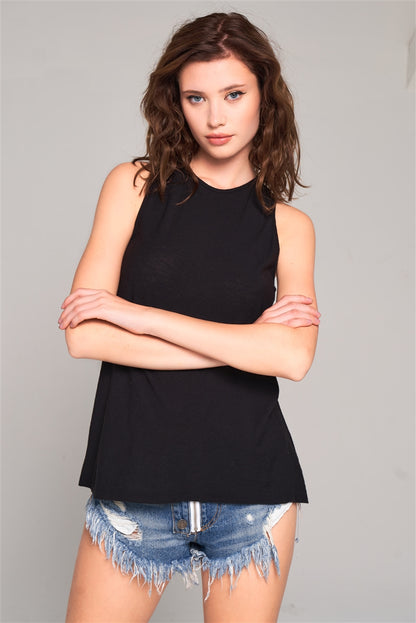 Sleeveless Crew Neck Cut-out Back Detail Longline Top