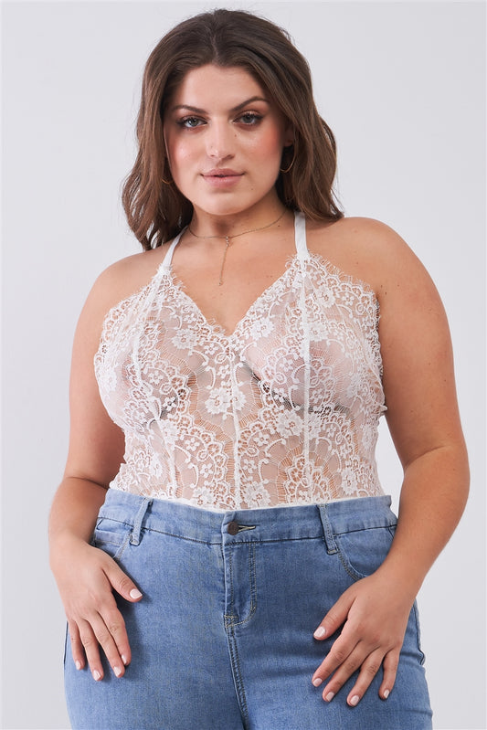 Plus Size Sheer Lace Sleeveless V-neck Criss-cross Back Strap Bodysuit