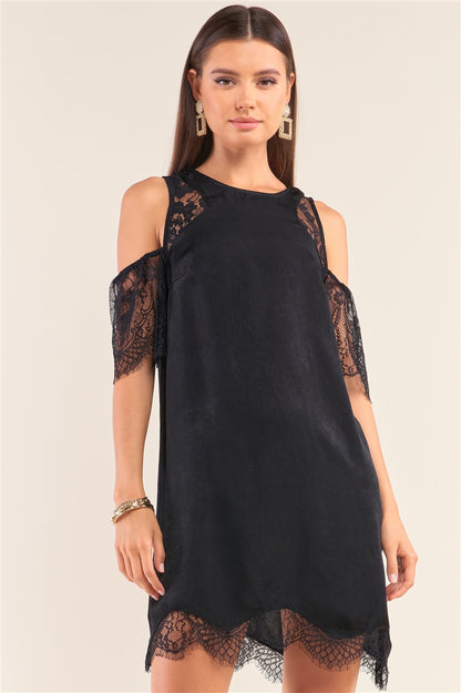 Black Cold Shoulder Lace Trim Back Button Up Mini Dress