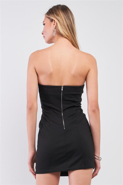 Black Sleeveless Strapless Faux Leather Insert Trim Sweetheart Neck Bodycon Mini Dress