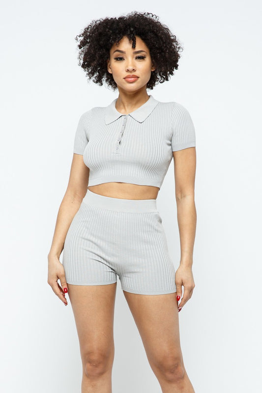 Collar Crop Top & Shorts Set