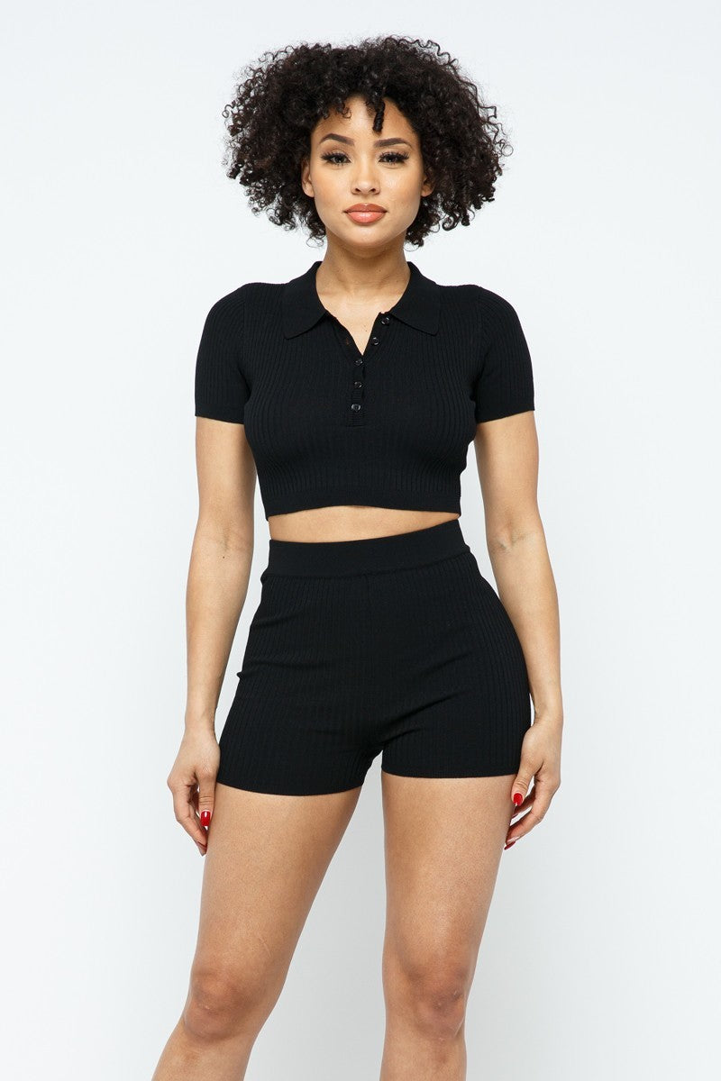 Collar Crop Top & Shorts Set