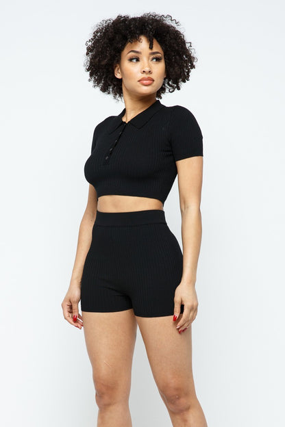 Collar Crop Top & Shorts Set