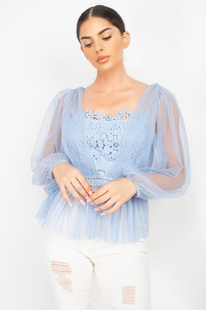 Top peplum de crochet de malla transparente