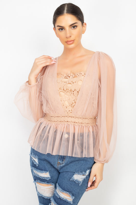 Top peplum de crochet de malla transparente