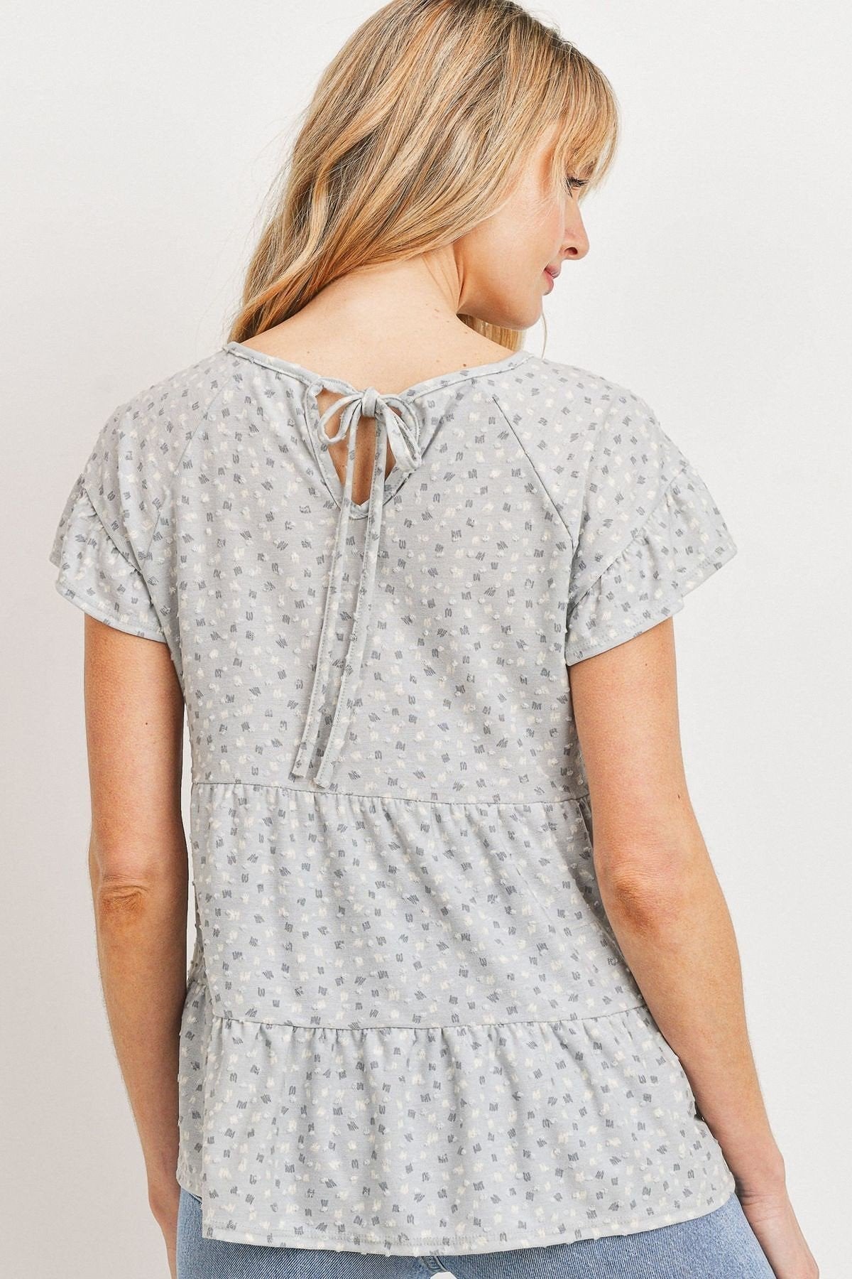 Dot Textured Print Jersey Ruffled Short Sleeve Top