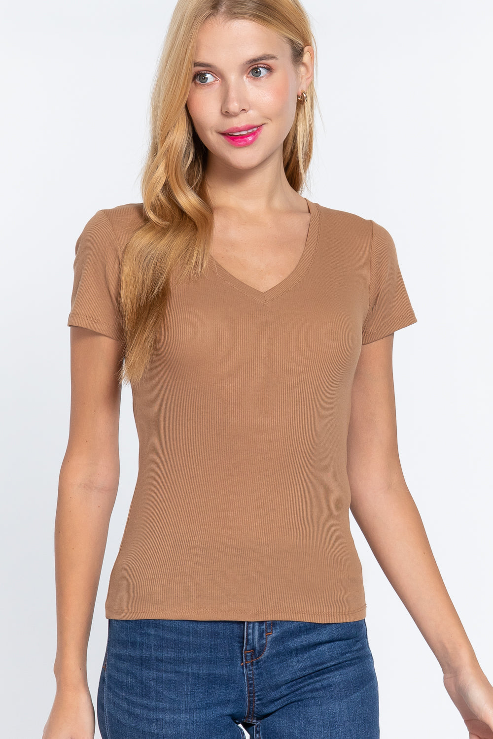 Short Sleeve V-neck Rib Top