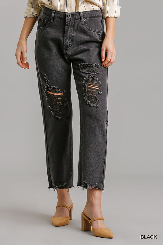 Straight Cut Distressed Denim Jeans with Raw Hem | No Stretch