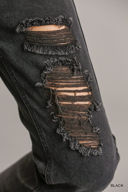 Straight Cut Distressed Denim Jeans with Raw Hem | No Stretch