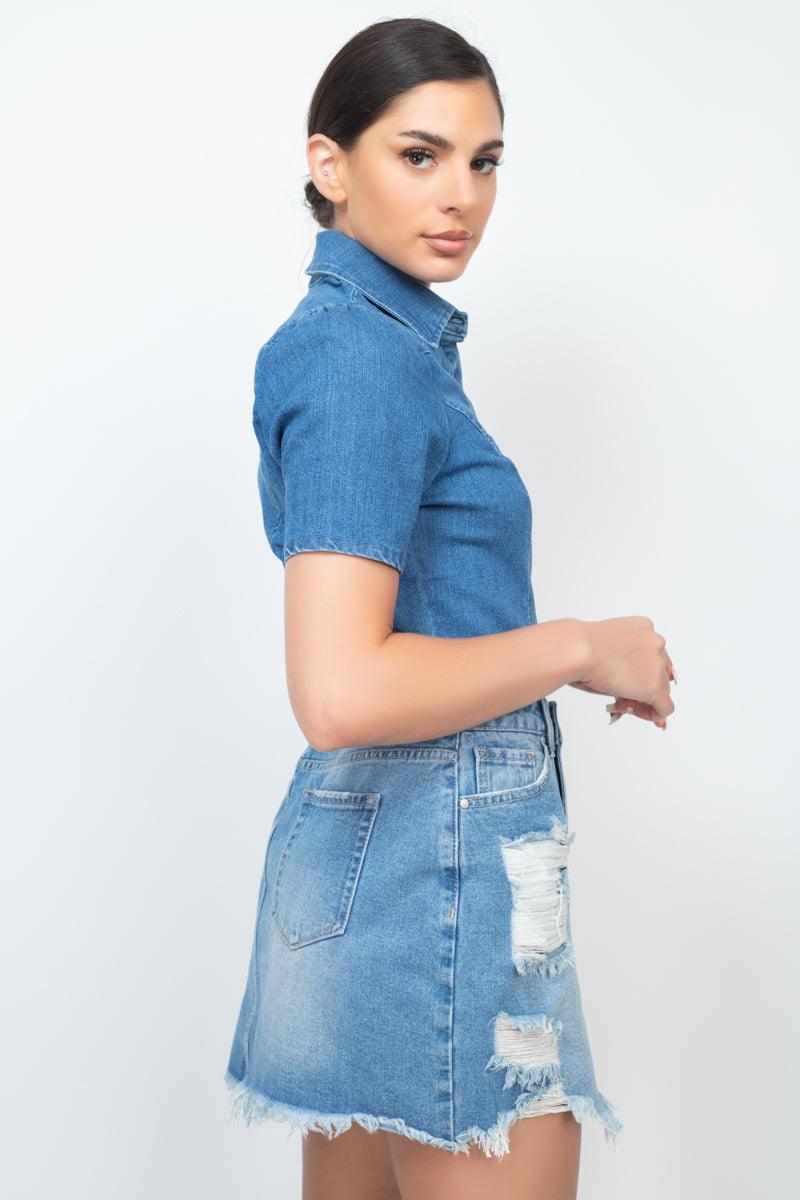 Top denim con cuello y botones