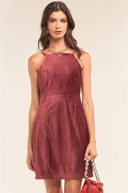 Cranberry Red Corduroy Sleeveless Square Neck Tight Fit Mini Dress