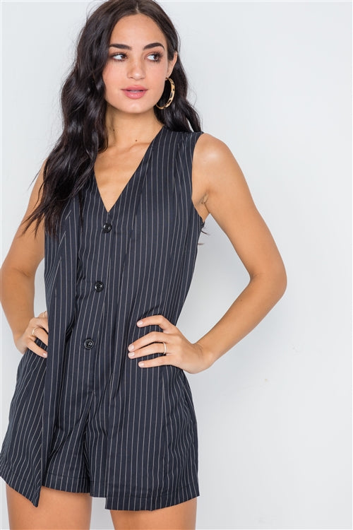 Button Down Pinstripe Sleeveless Romper