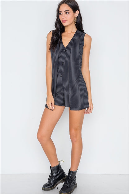 Button Down Pinstripe Sleeveless Romper