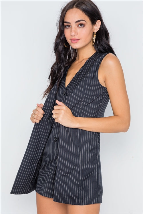 Button Down Pinstripe Sleeveless Romper