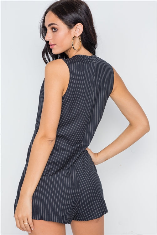 Button Down Pinstripe Sleeveless Romper