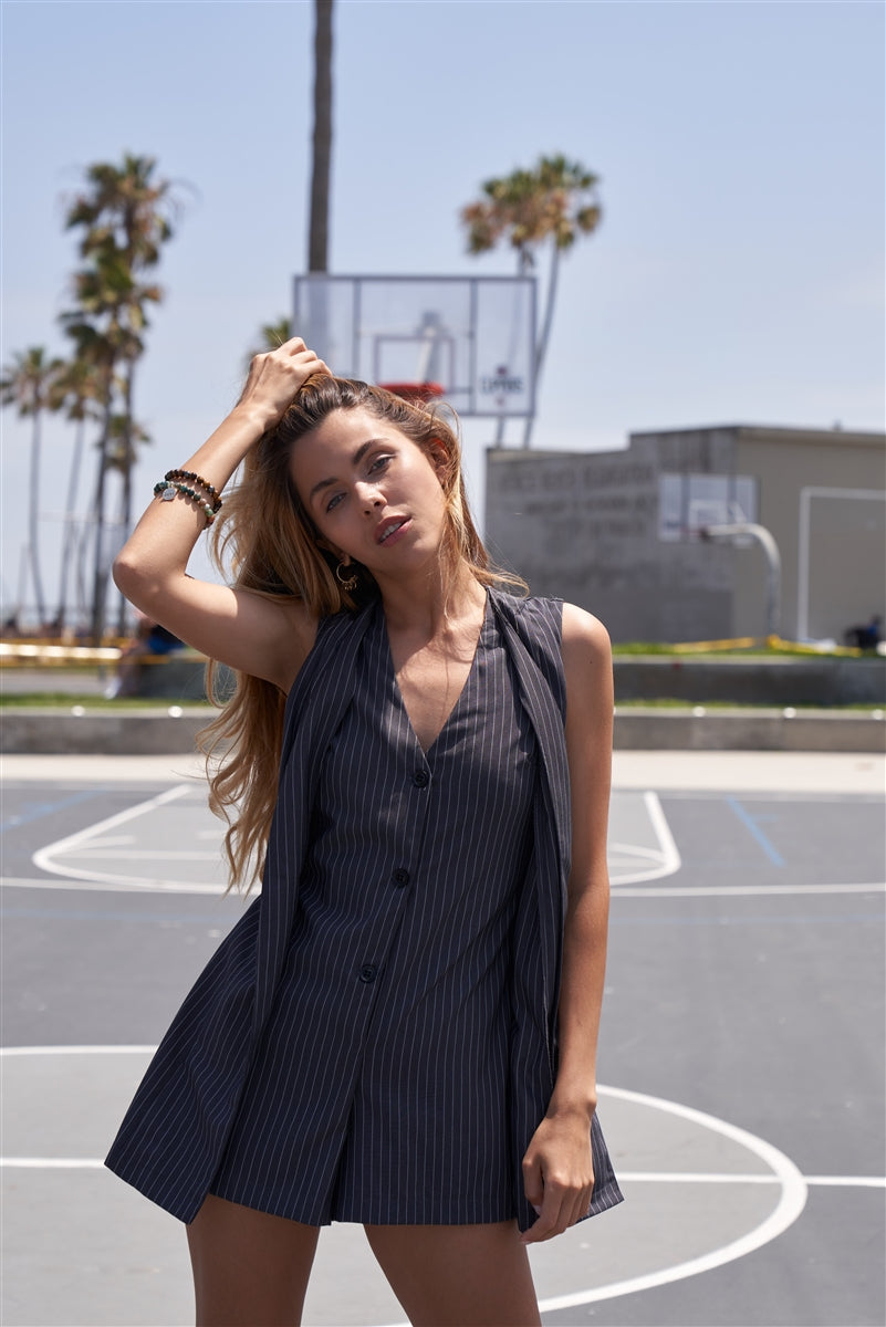 Button Down Pinstripe Sleeveless Romper