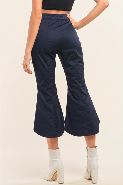 Pantalones acampanados con parte inferior de campana retro de talle alto liso azul marino