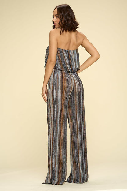 Women's Two Piece Set Flowy Strapless Crop Top, High Waist Palazzo Pants