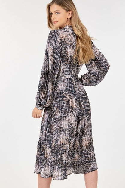 Long Sleeve Pleated Snake Skin Print Midi Dress