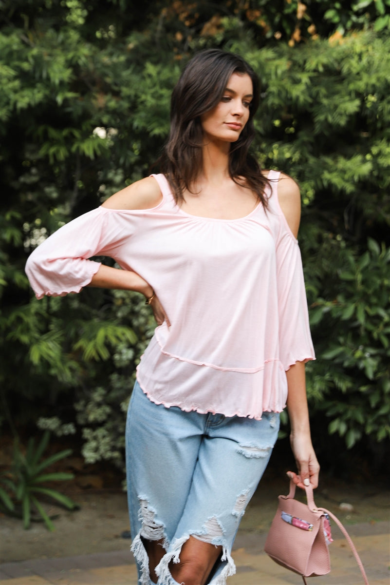 Pink Cold Shoulder Back Self-tie Detail Midi Sleeve Lettuce Edge Top