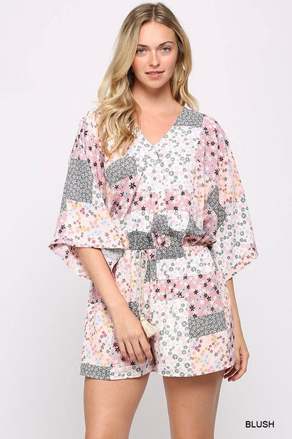 Patchwork Printed Surplice Romper With Waist Tassel Tie And Bottom Lining