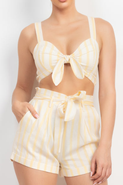 Tie-front Striped Crop Top & Belted Shorts Set