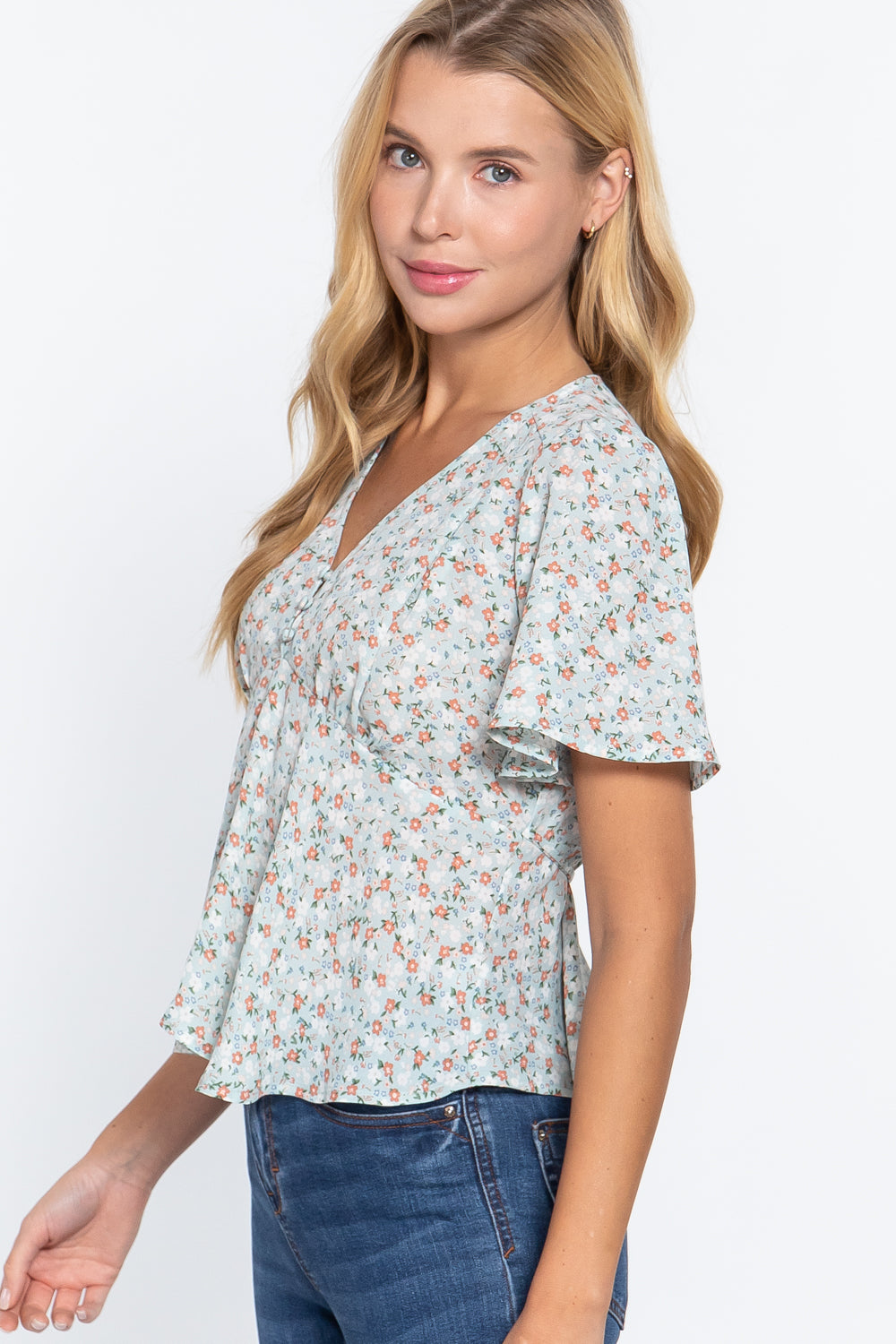 Ruffle Slv W/back Tie Print Woven Top