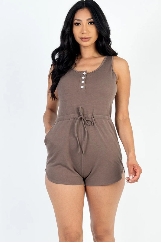 Sleeveless Drawstring Waist Button Tank Romper | 8 Color Options!