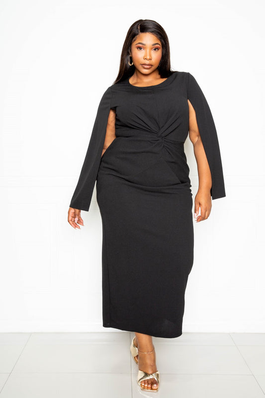 Cape Sleeve Plus Size Dress With Knot Detail