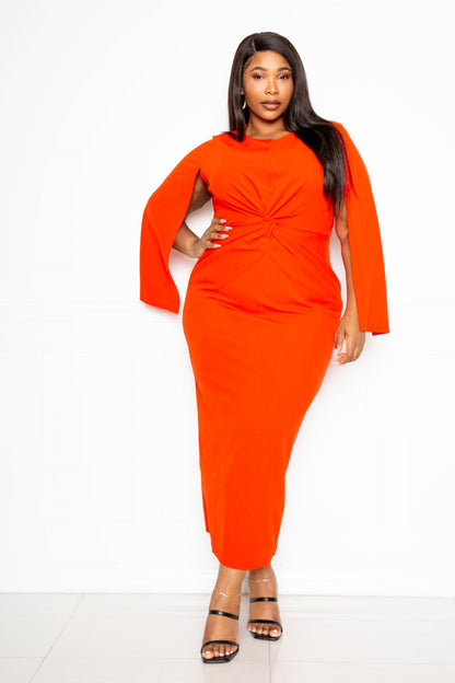 Cape Sleeve Plus Size Dress With Knot Detail