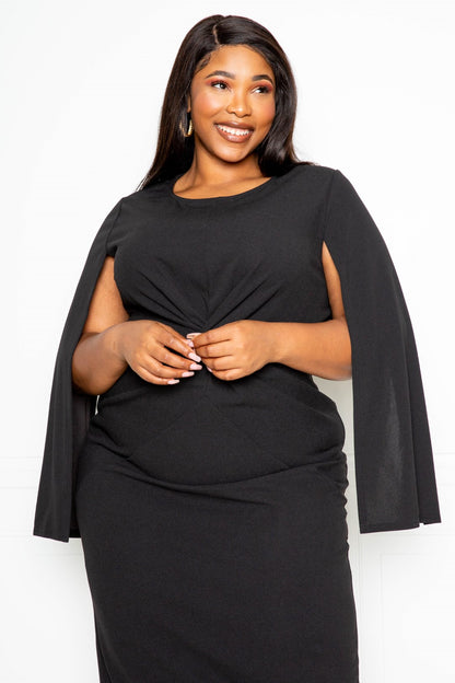 Cape Sleeve Plus Size Dress With Knot Detail