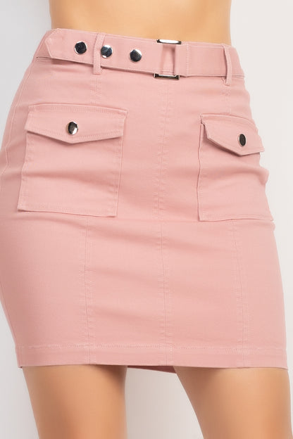 Belted Pocket Solid Mini Skirt