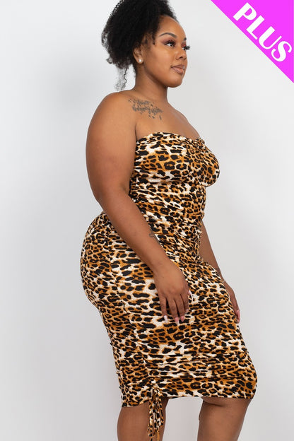 Leopard Print Ruched Drawstring Plus Tube Dress