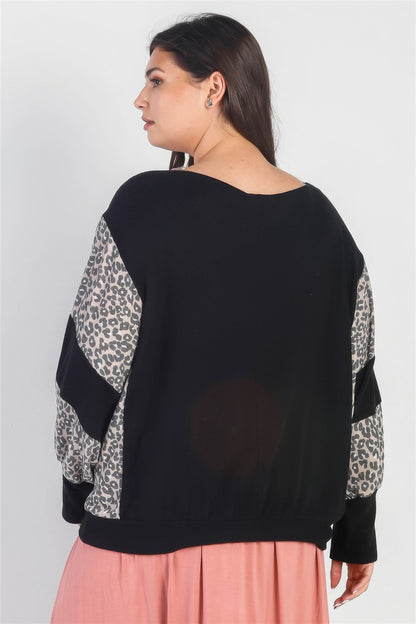 Top negro de franela con manga dolman y estampado de leopardo color block