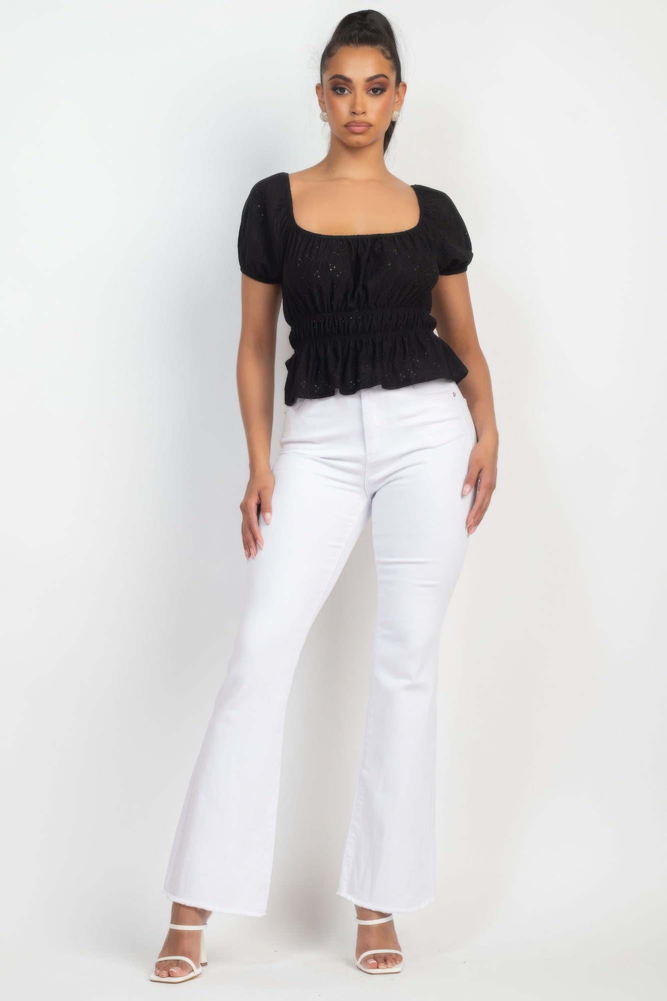 Puff Sleeve Eyelet Peplum Top