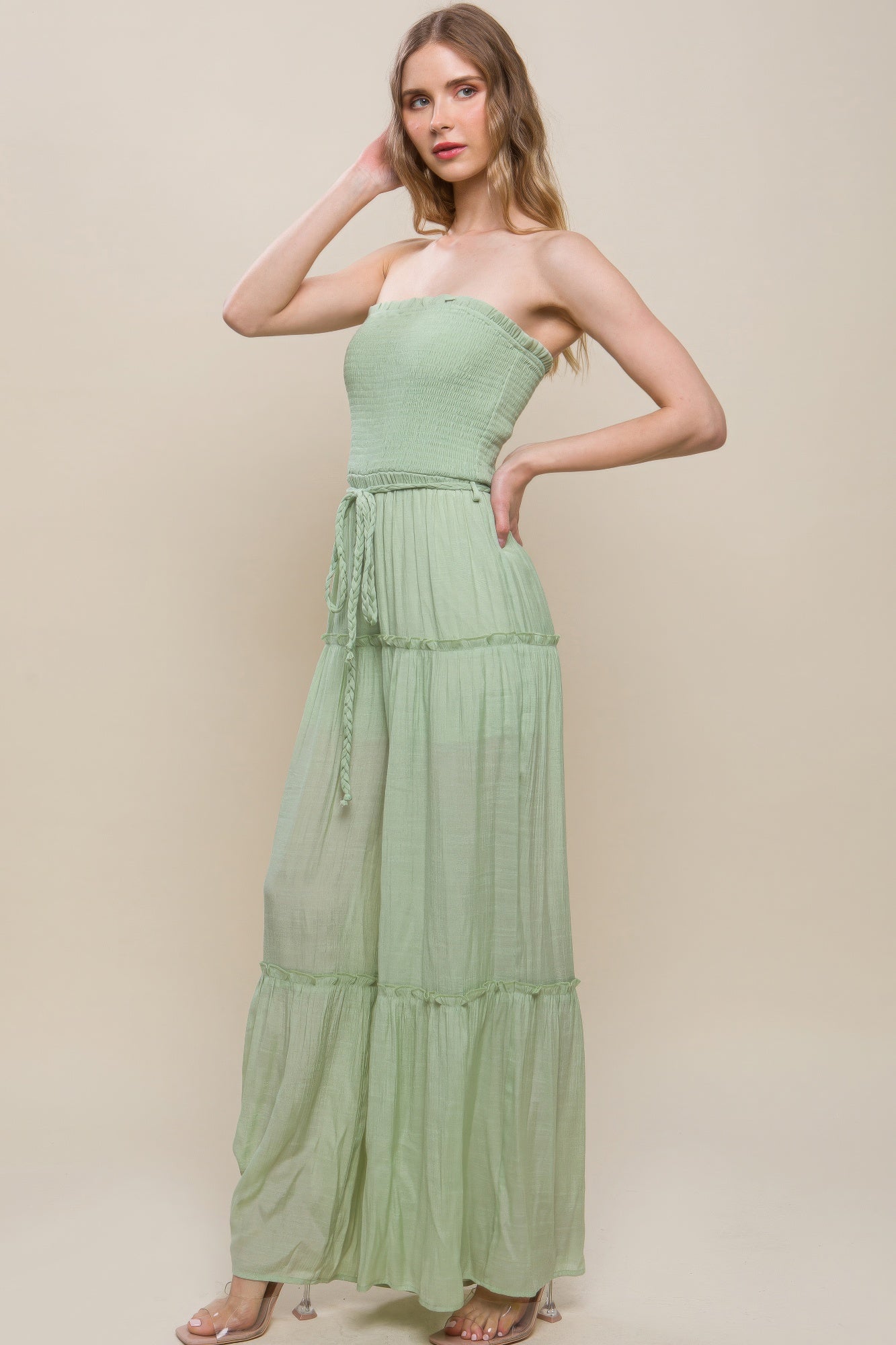 Woven Solid Sleeveless Smocked Ruffle Jumpsuit