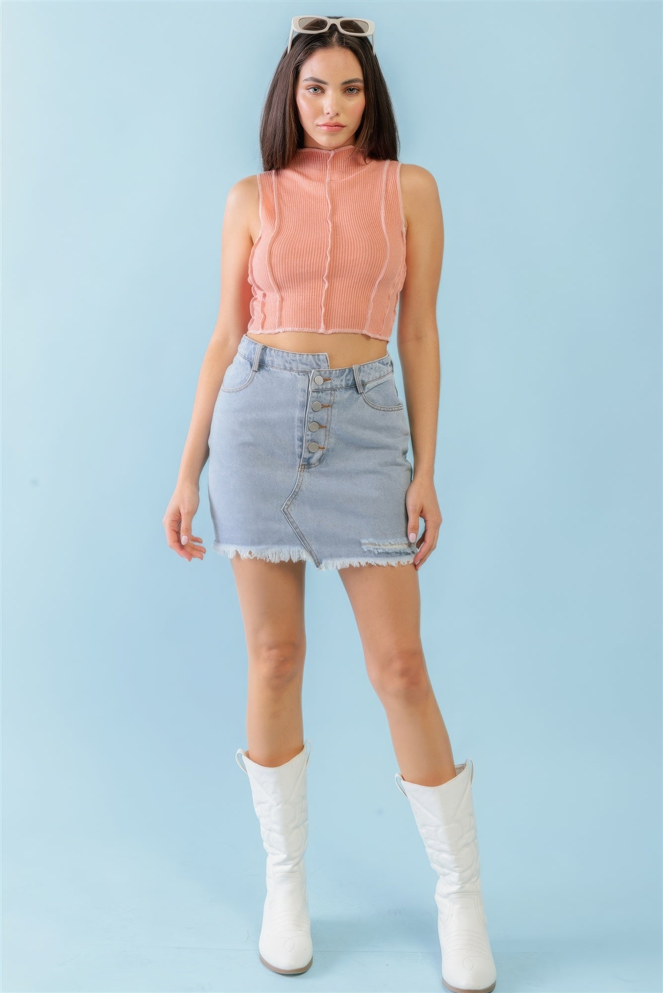 Dark Peach Ribbed Inside-out Sleeveless Mock Neck Crop Top