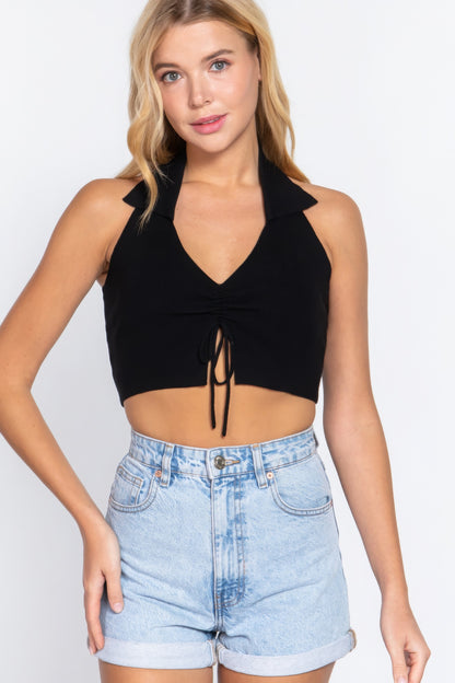 Top de punto con suéter corto fruncido con cuello halter