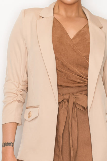 Ruched Sleeves Solid Blazer