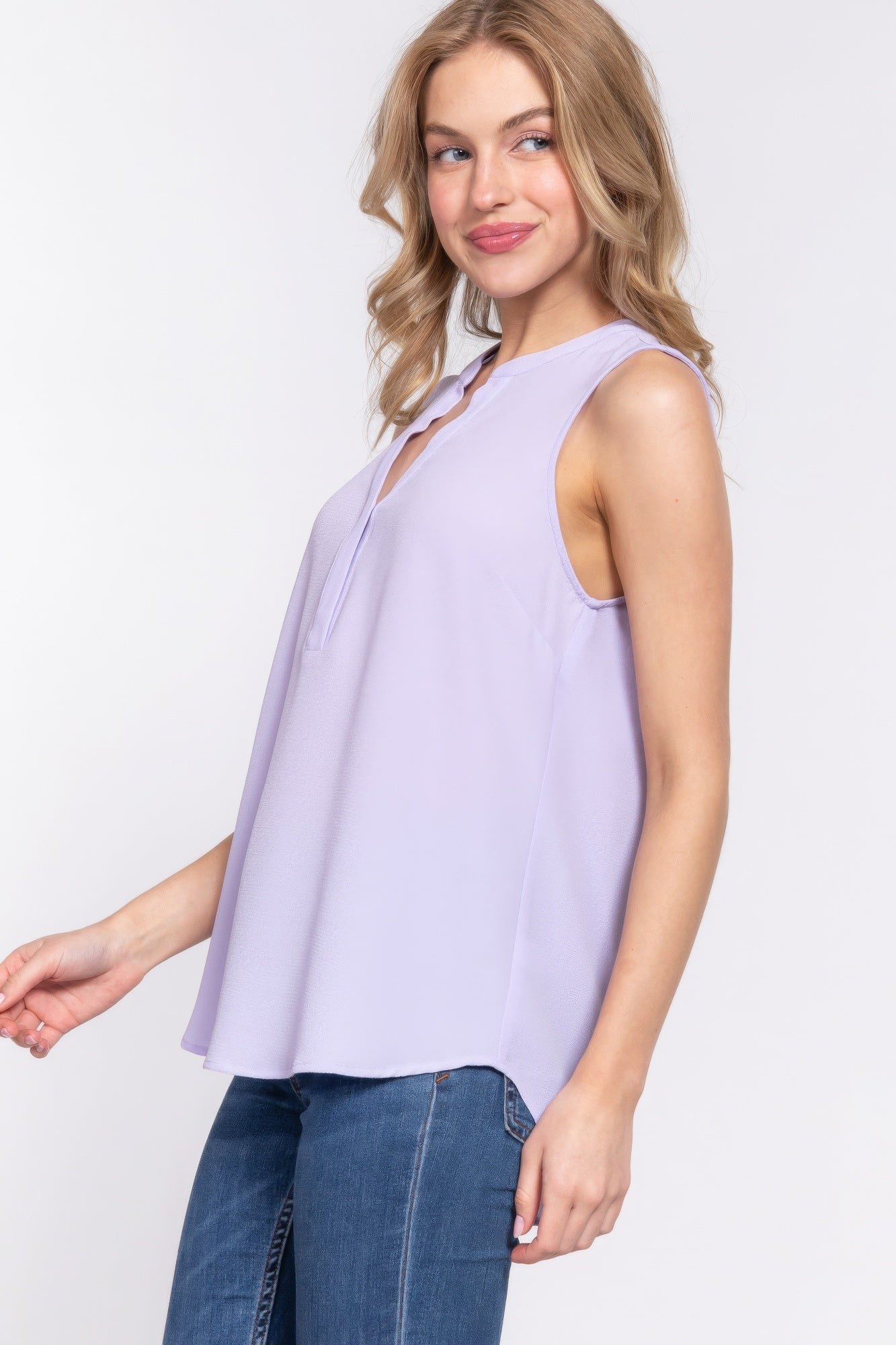 Sleeveless Henley Neck Woven Top