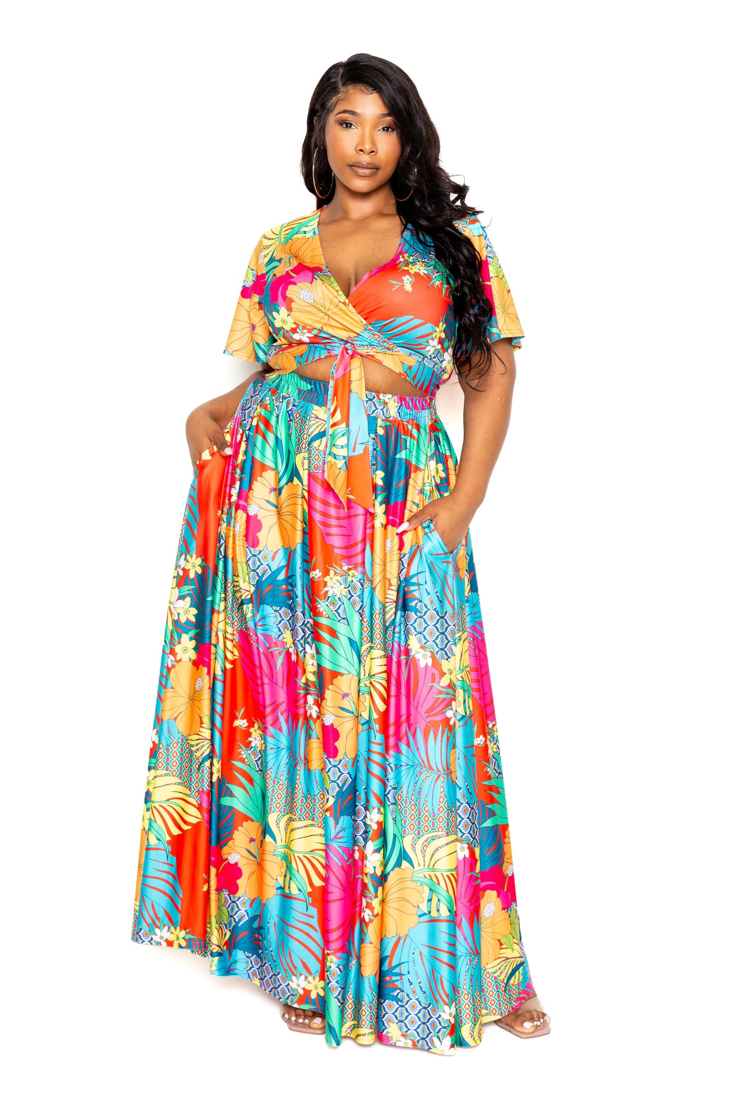 Plus Tropical floral maxi skirt & top set