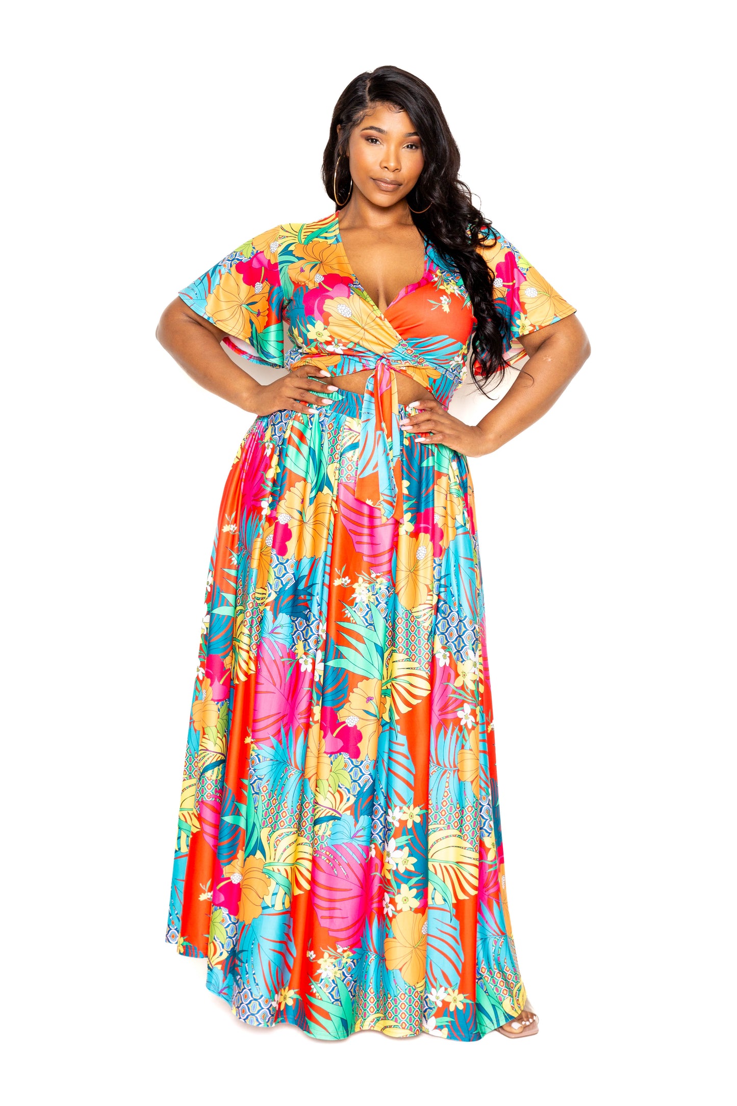 Plus Tropical floral maxi skirt & top set